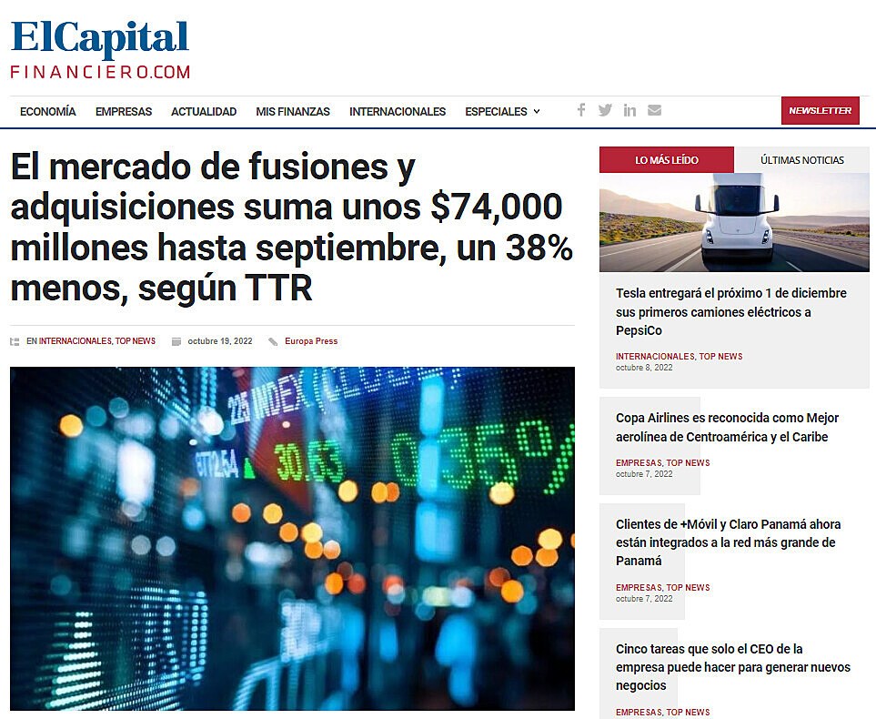 El mercado de fusiones y adquisiciones suma unos $74,000 millones hasta septiembre, un 38% menos, segn TTR